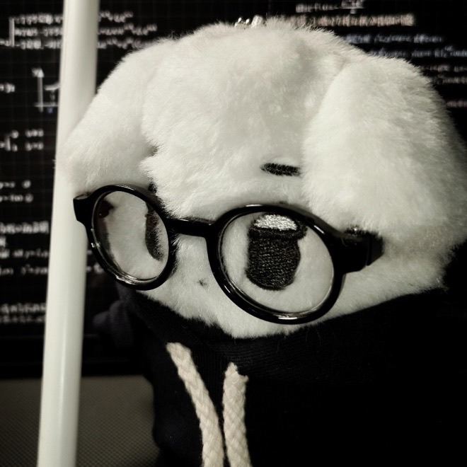 Jason Dong’s avatar: a plush dog wearing round glasses, in front of a screen of handwritten maths notes.